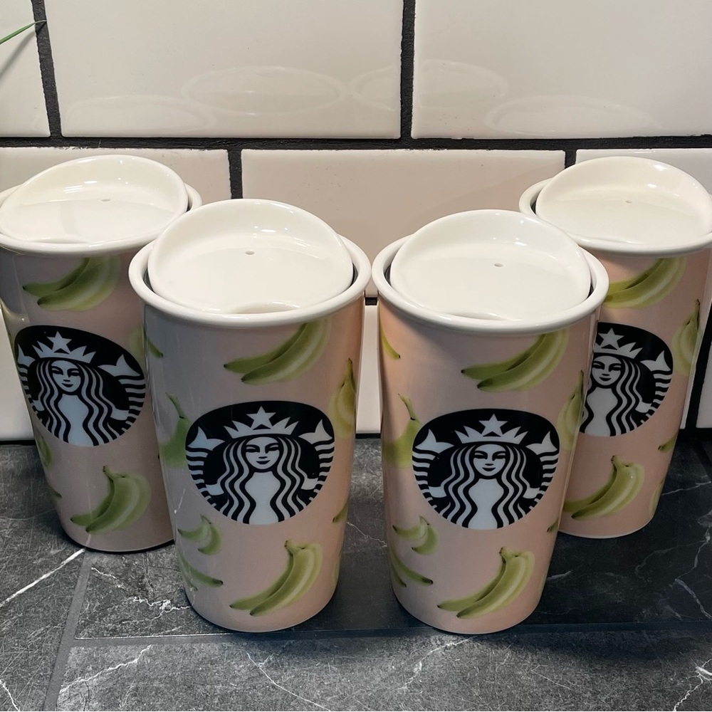 Set Of 4 Starbucks Ceramic Travel Tumbler Bananas 2015 Siren Logo 12oz.
